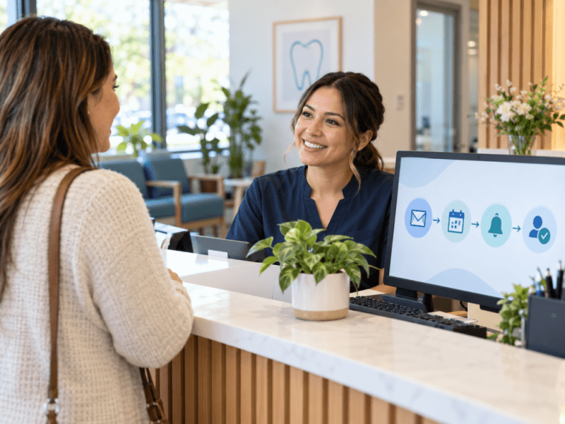 Dental office coordinator speaks personally with a patient beside a screen showing an automated email and appointment reminder workflow.