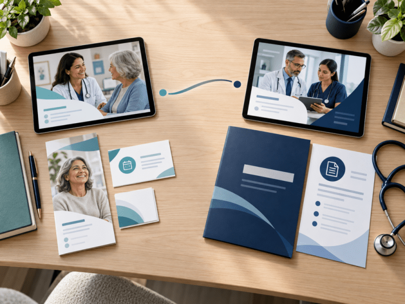 Patient outreach materials and healthcare provider referral resources are arranged side by side on a specialty practice desk.