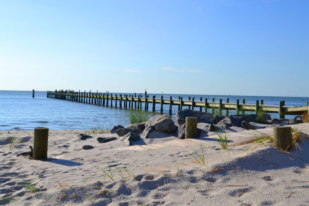 A pier or dock leading out into the Chesapeake Bay, VA, showcasing Clear to Launch's expertise in dental marketing.