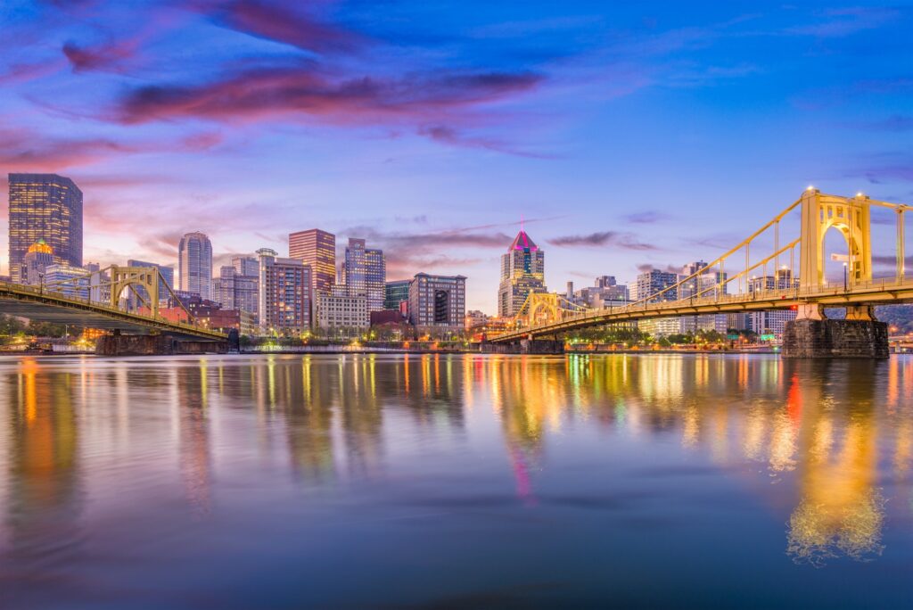 Pittsburgh, Pennsylvania, skyline, symbolizing Clear to Launch's impact on dental marketing.