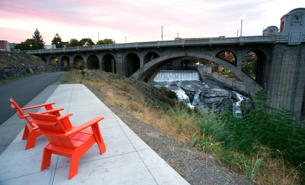 Sitting Area Chairs Riverfront View Arch Bridge Spokane Washington. depicting Clear to Launch's prowess in dental marketing.