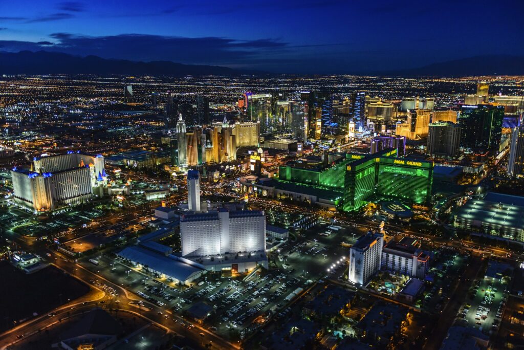 Dynamic skyline of Las Vegas, NV, showcasing the city's vibrant lights and Clear to Launch Dental Marketing' innovative dental marketing strategies tailored for Las Vegas dental practices.
