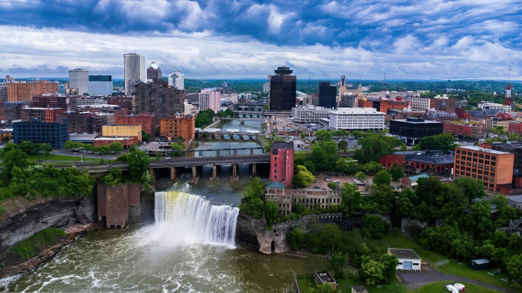 Skyline of Rochester, NY, featuring the city's architectural landmarks and Clear to Launch Dental Marketing' comprehensive dental marketing solutions designed for Rochester dental practices.