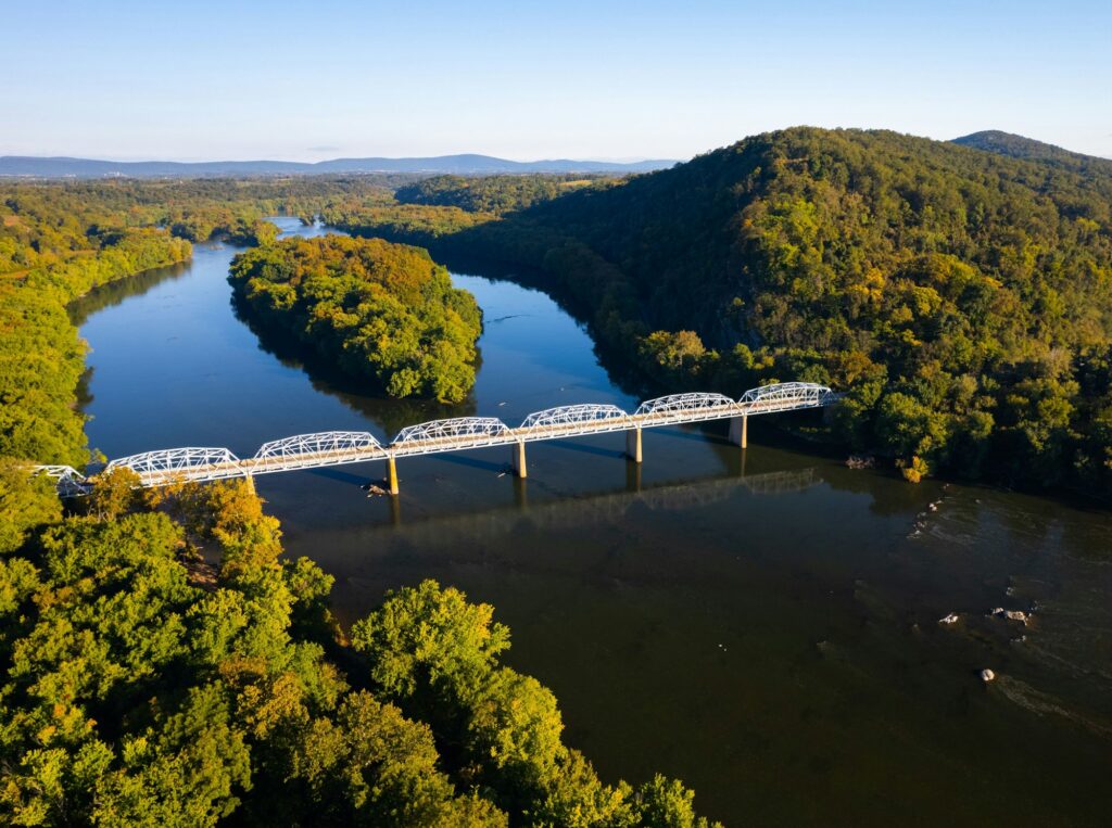 Aerial view of the Point of Rocks bridge over Seneca Lake near Gaithersburg, Maryland, showcasing the scenic beauty and Clear to Launch Dental Marketing' strategic dental marketing approach for Gaithersburg dental practices.