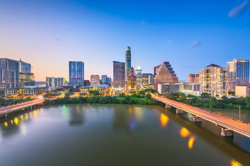 Austin, TX city skyline, showcasing the vibrant and dynamic atmosphere of the capital city and highlighting Clear to Launch Dental Marketing' innovative dental marketing strategies for Austin dental practices.