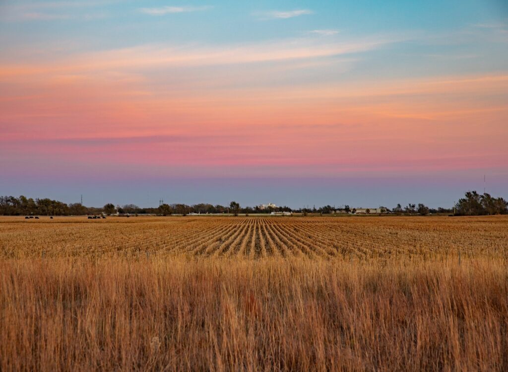 Sunset casting warm hues over a dry plowed crop field in the countryside near Overland Park, KS, embodying the resilience and growth potential Clear to Launch Dental Marketing offers through its dental marketing strategies for Overland Park dental practices.