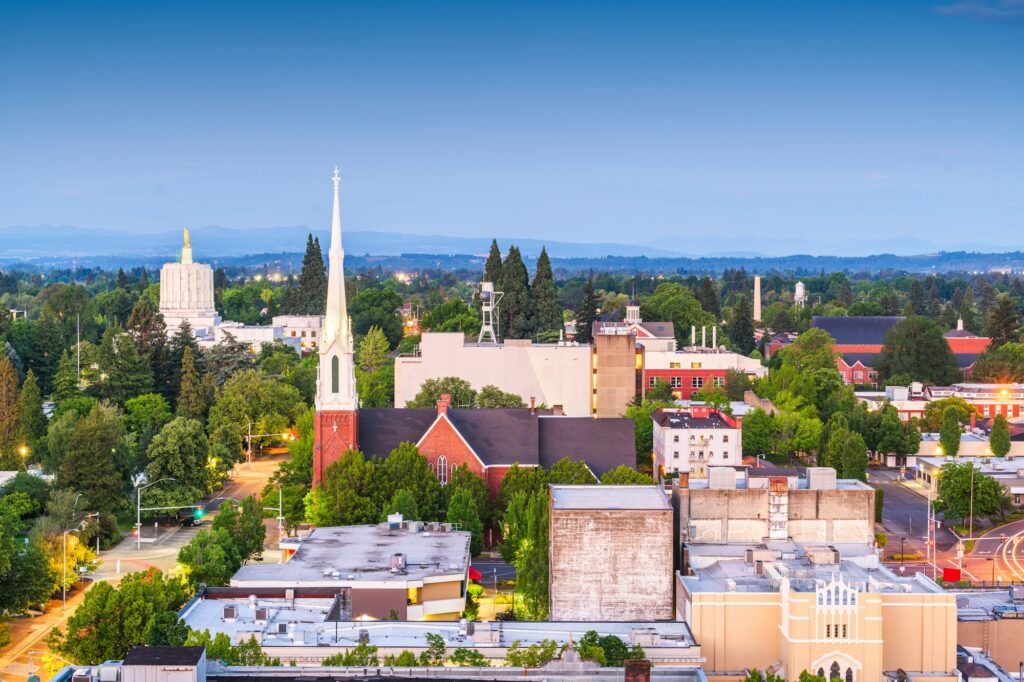 Skyline of Salem, OR, featuring the city's architectural landmarks and Clear to Launch Dental Marketing' comprehensive dental marketing solutions designed for Salem dental practices.