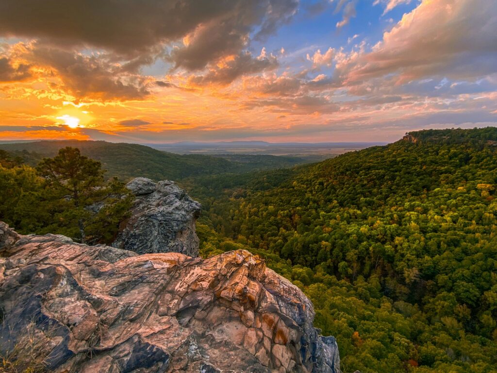 Sunset over the wilderness trees near Fort Smith, AR, reflecting the natural and evolving approach of Clear to Launch Dental Marketing in dental marketing for Fort Smith dental practices.