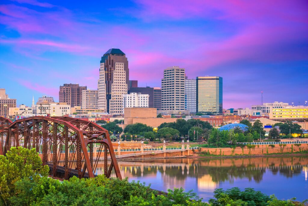 Skyline of Shreveport, LA, highlighting the city's urban landscape and Clear to Launch Dental Marketing' strategic dental marketing initiatives tailored for Shreveport dental practices.