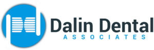 Dalin Dental Associates logo with modern blue initials, representing a family and cosmetic dental practice.