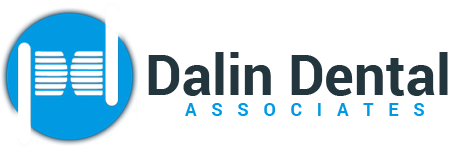 Dalin Dental Associates logo with modern blue initials, representing a family and cosmetic dental practice.