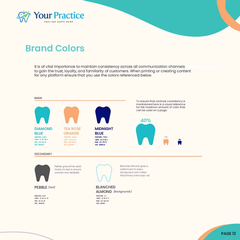 Tooth-themed dental brand color palette showing consistent use of colors in dental marketing and logo design