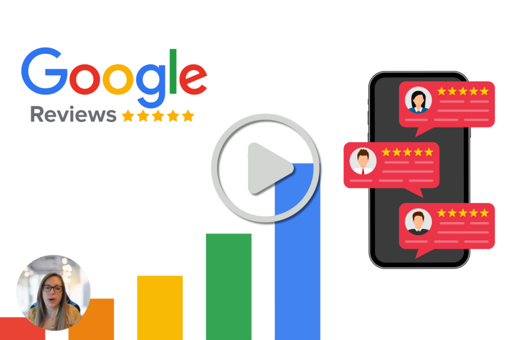Video thumbnail on how to generate more Google reviews, featuring a phone with star-rated review popups and a speaker in the corner.
