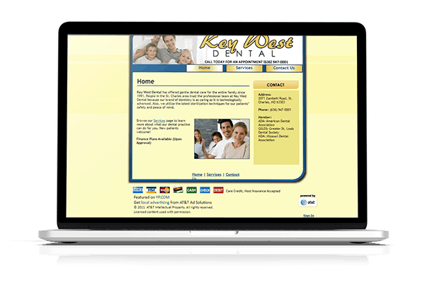 Outdated dental website example for Key West Dental, illustrating an unoptimized and non-responsive design