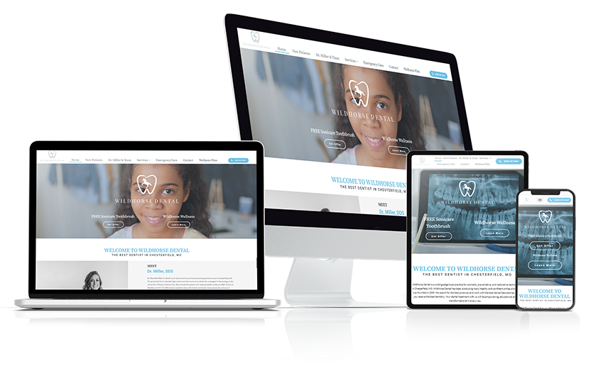 Screenshot of Wildhorse Dental’s responsive website displayed on desktop, laptop, tablet, and mobile devices, highlighting mobile-friendly dental web design