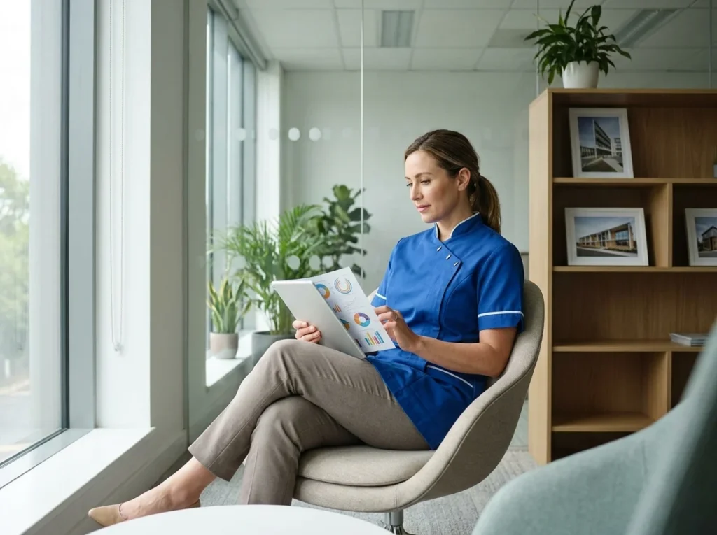 Dentist using a tablet in a modern office setting