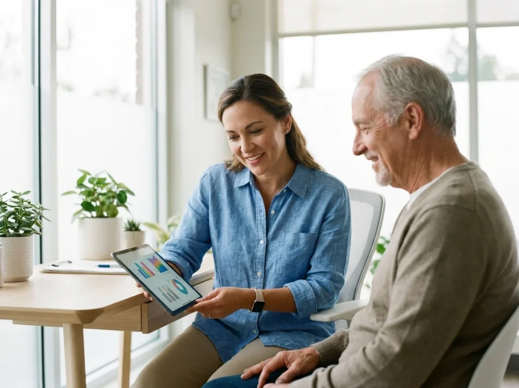 Healthcare provider discussing treatment options with a patient using a tablet