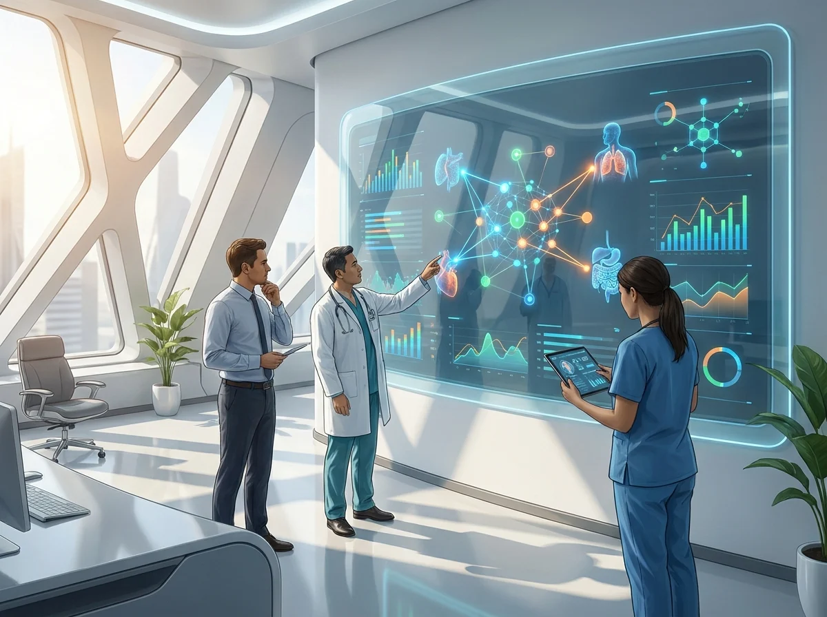 Healthcare professionals discussing patient data analytics in a modern office