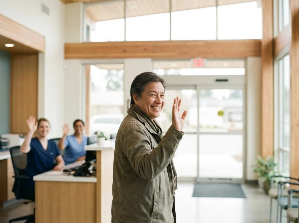 Patient smiling and waving goodbye at healthcare clinic