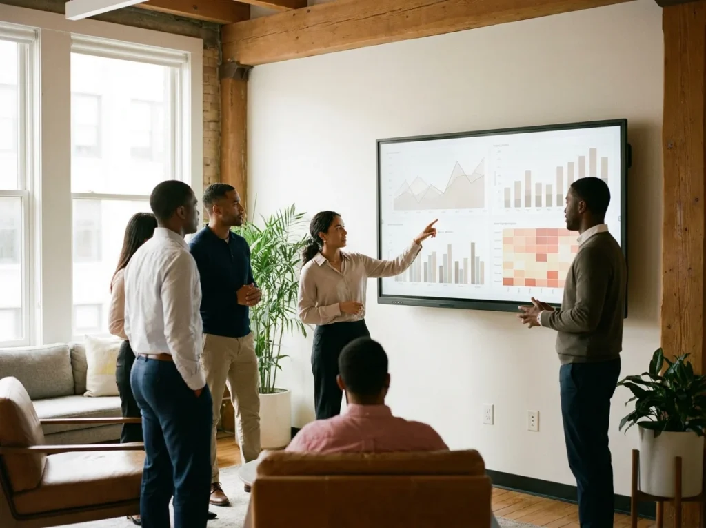 Healthcare marketers reviewing AI insights on a digital board in office