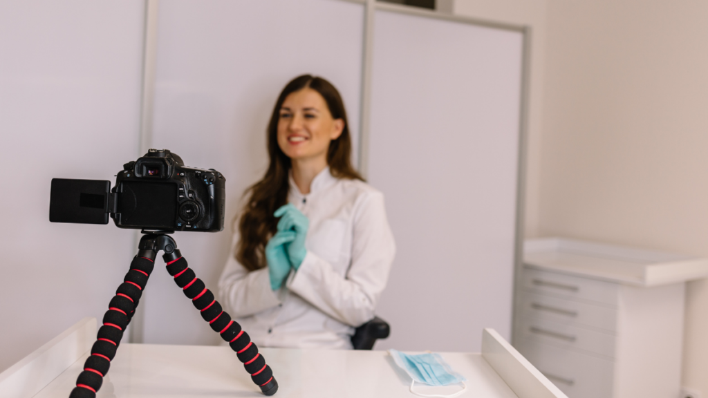 doctor recording video content in a treatment room for a healthcare content shot list from Clear to Launch Healthcare Marketing