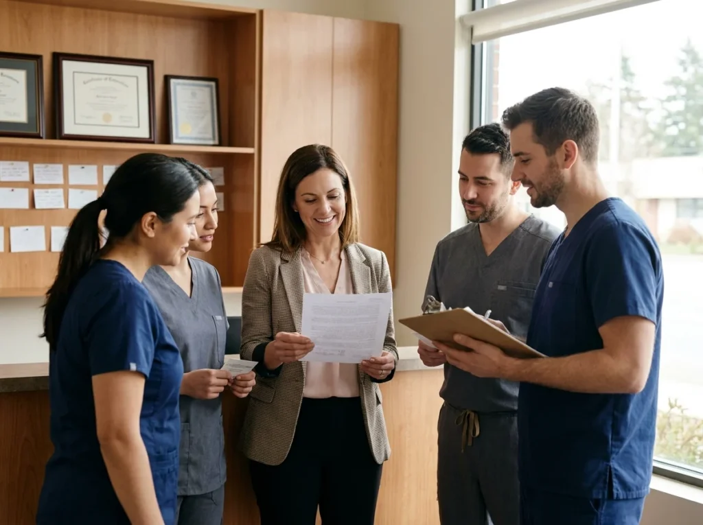 Healthcare team reviewing documents in a clinic lobby