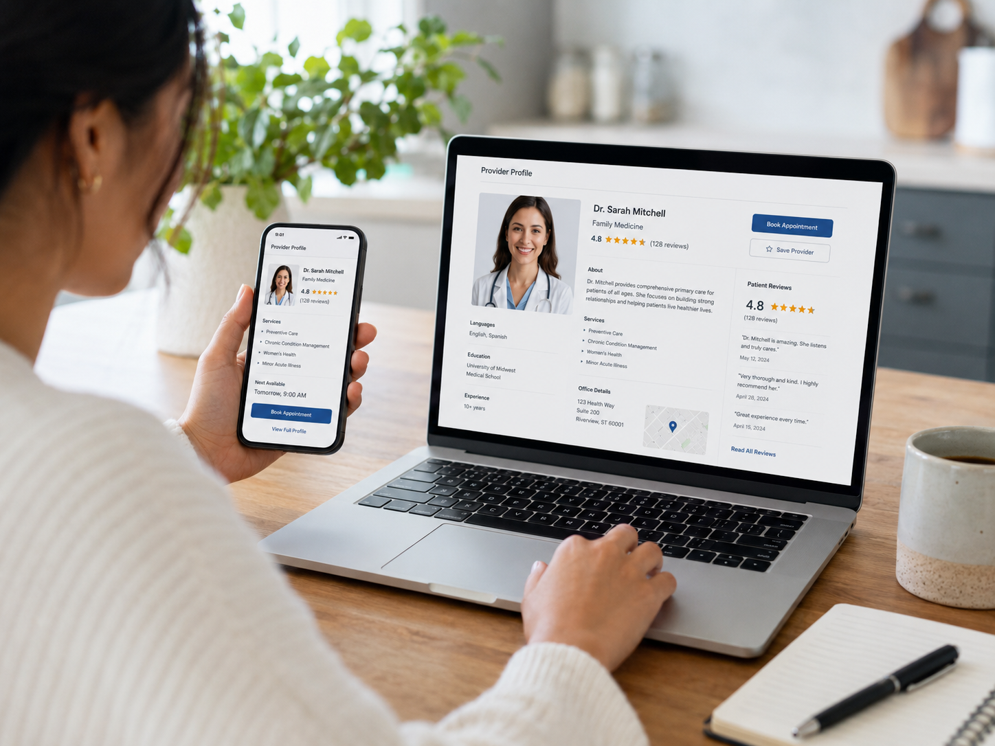 Prospective patient researching healthcare providers online before choosing care.