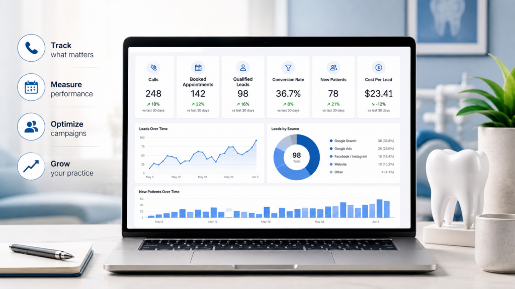 Dental marketing analytics dashboard showing calls, booked appointments, qualified leads, conversion rate, new patients, and cost per lead.