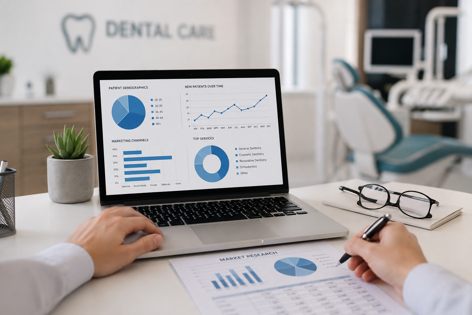 Dental practice team reviewing patient demographics, marketing channels, and service trends during market research.