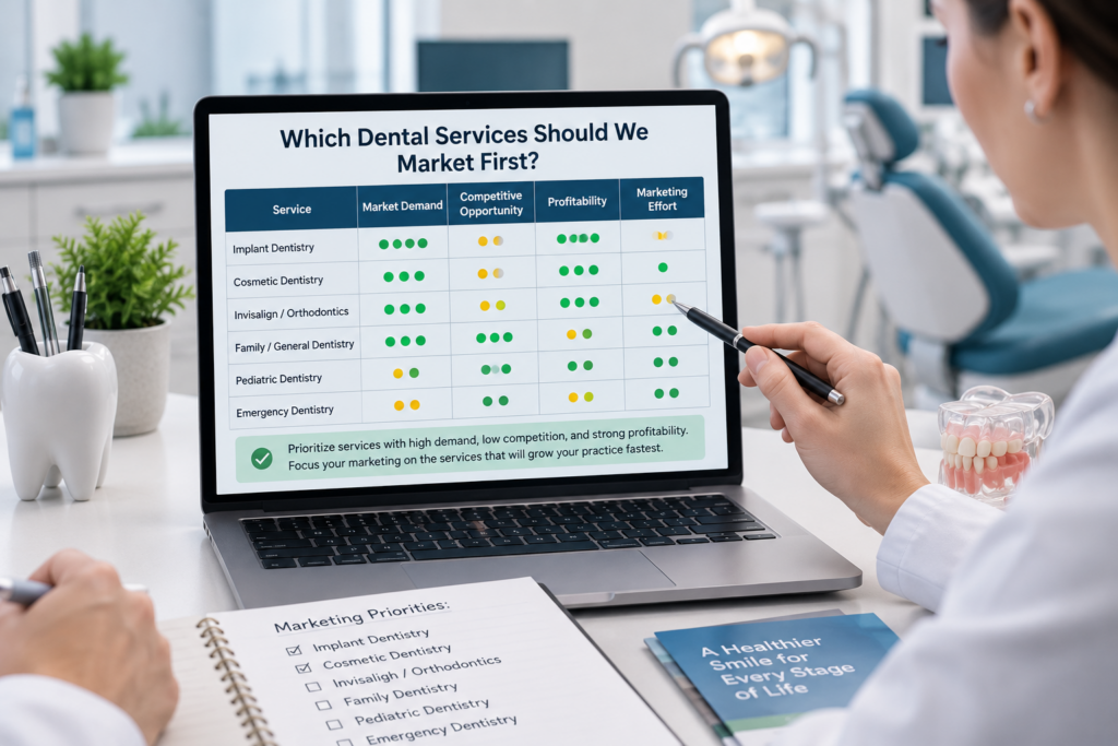 Dental practice team reviewing patient demand, profitability, and competition data to decide which services to market first.