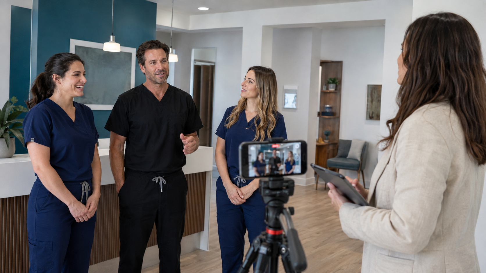 Dental team recording a practice introduction video for prospective patients.
