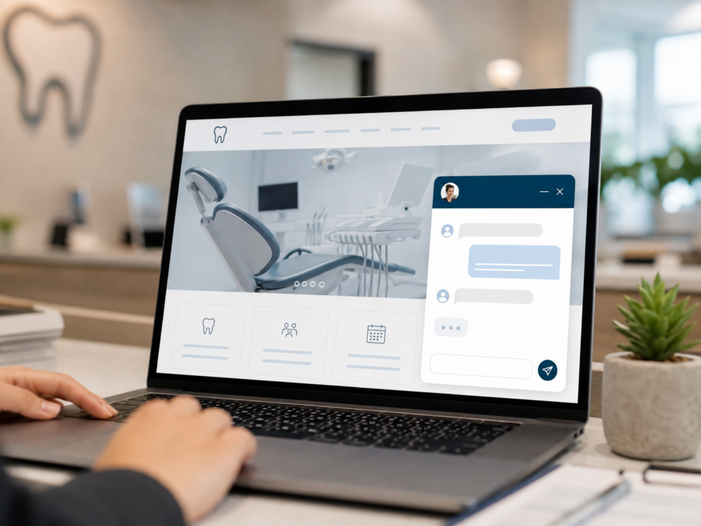 Laptop displaying a dental practice website with a live chat window open, placed in a clean, modern dental office setting.