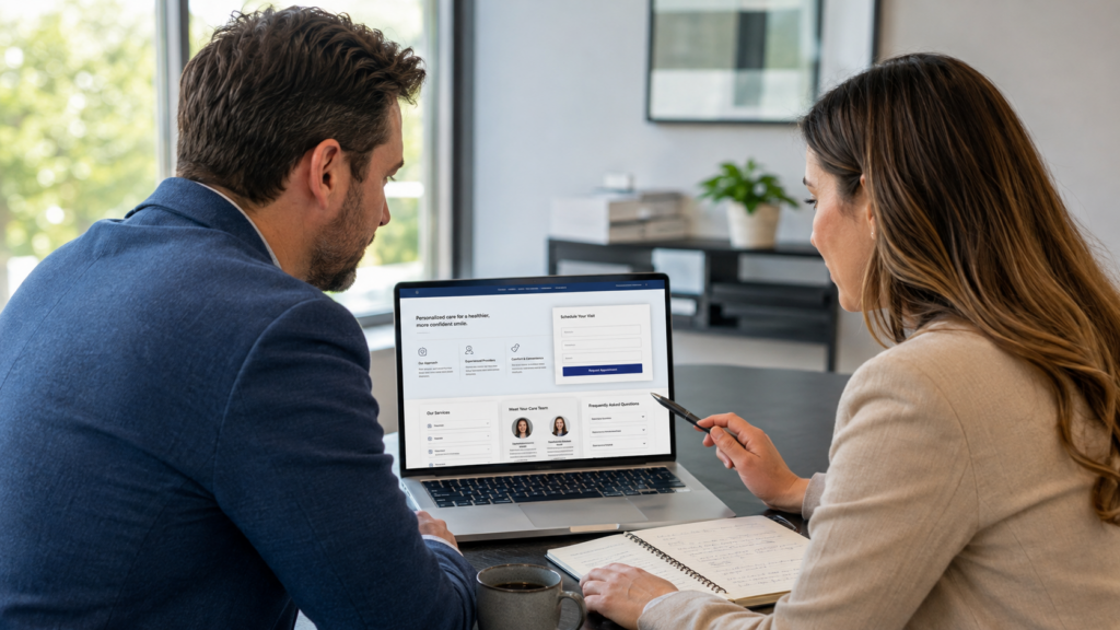 Dental practice owner and marketing strategist reviewing a patient-focused dental service page.