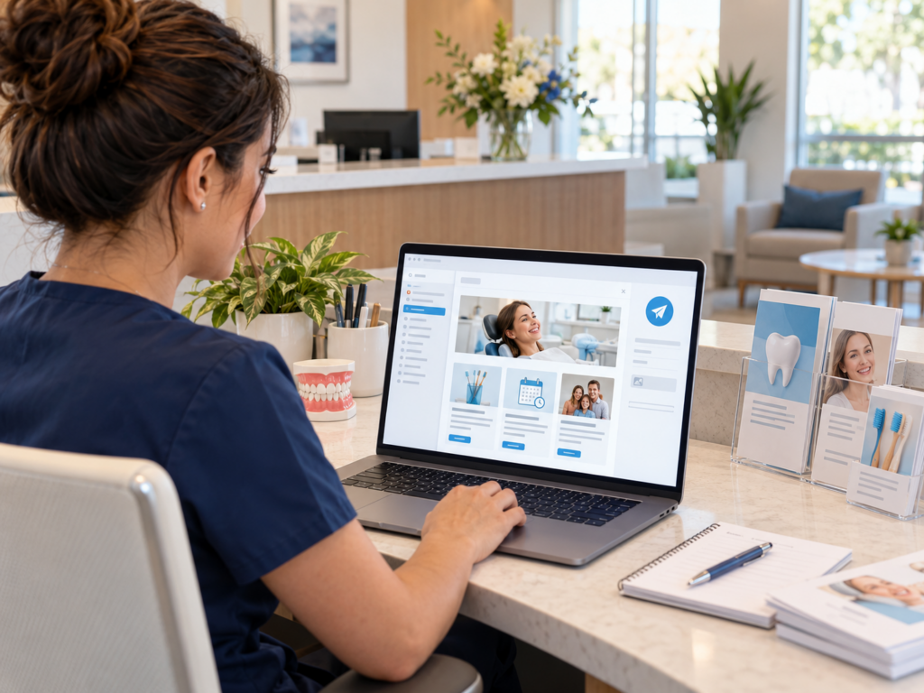Dental team member reviews a patient email campaign on a laptop in a bright dental office, with a dental model and educational materials nearby.